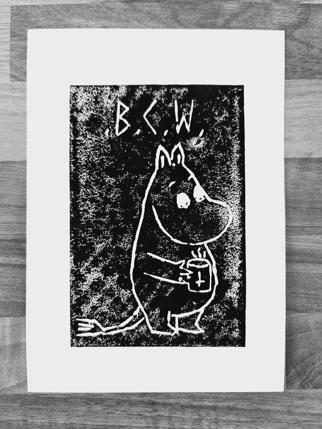 black coffee moomin linocut print 4/13  - 15cm X 15cm Square Card Print + x3 Sticker Pack