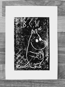 black coffee moomin linocut print 4/13  - 15cm X 15cm Square Card Print + x3 Sticker Pack