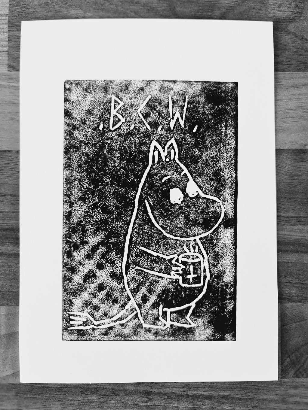 black coffee moomin linocut print 5/13  - 15cm X 15cm Square Card Print + x3 Sticker Pack