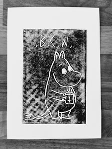 black coffee moomin linocut print 5/13  - 15cm X 15cm Square Card Print + x3 Sticker Pack