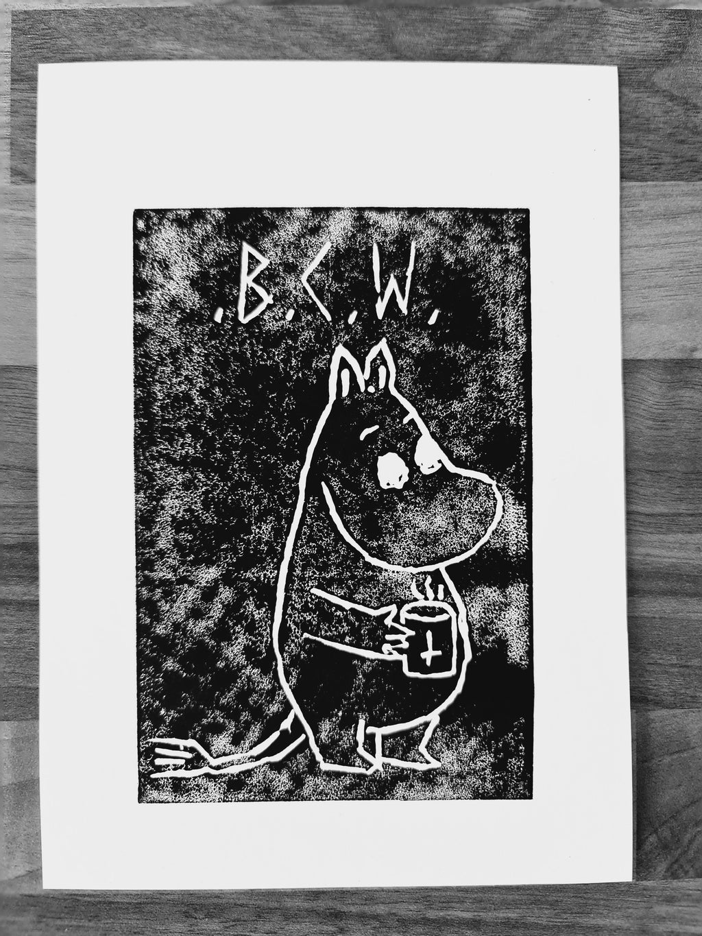 black coffee moomin linocut print 6/13  - 15cm X 15cm Square Card Print + x3 Sticker Pack