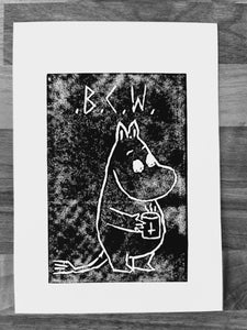 black coffee moomin linocut print 6/13  - 15cm X 15cm Square Card Print + x3 Sticker Pack