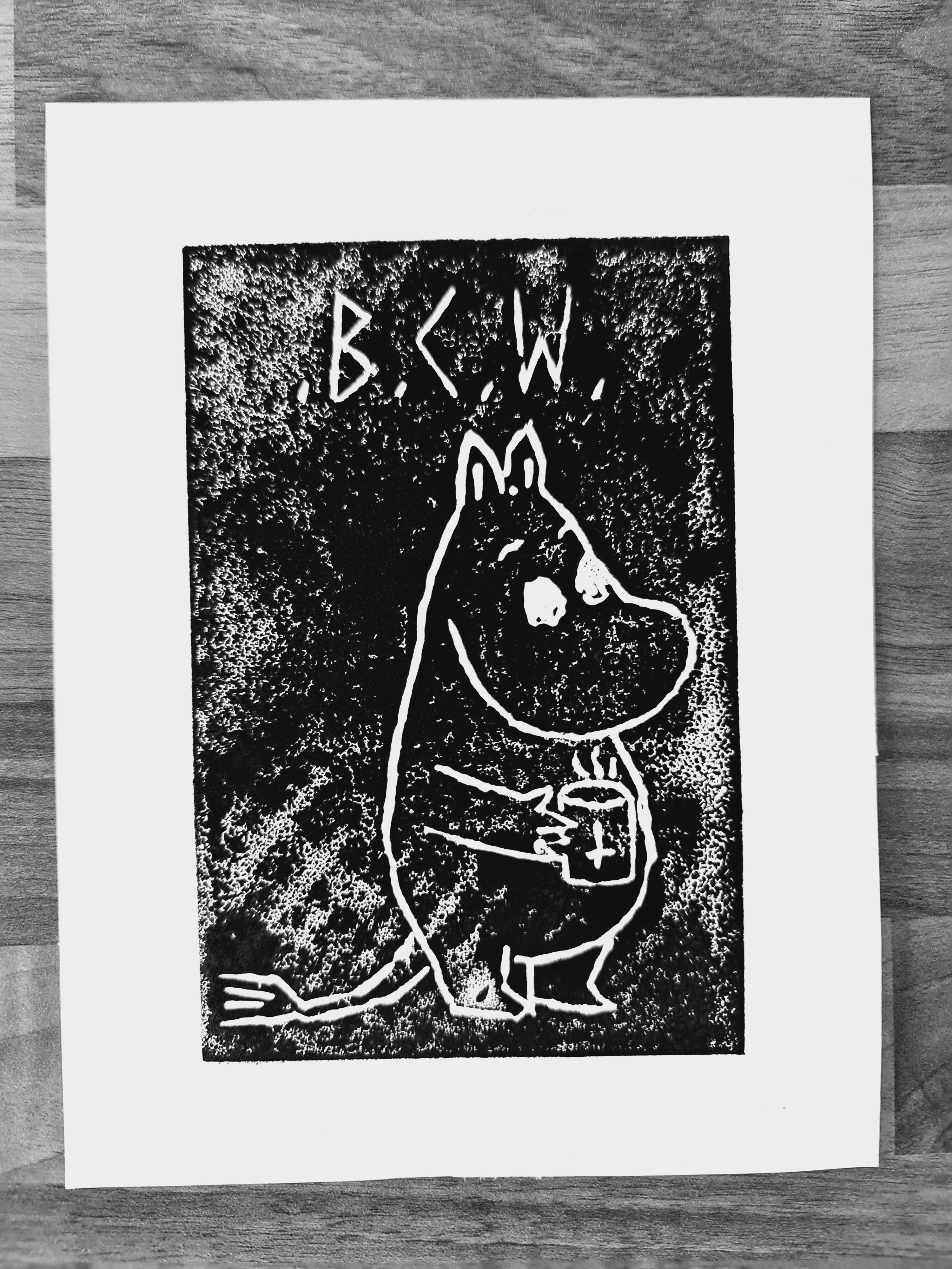 black coffee moomin linocut print 7/13  - 15cm X 15cm Square Card Print + x3 Sticker Pack