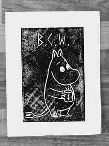 black coffee moomin linocut print 7/13  - 15cm X 15cm Square Card Print + x3 Sticker Pack