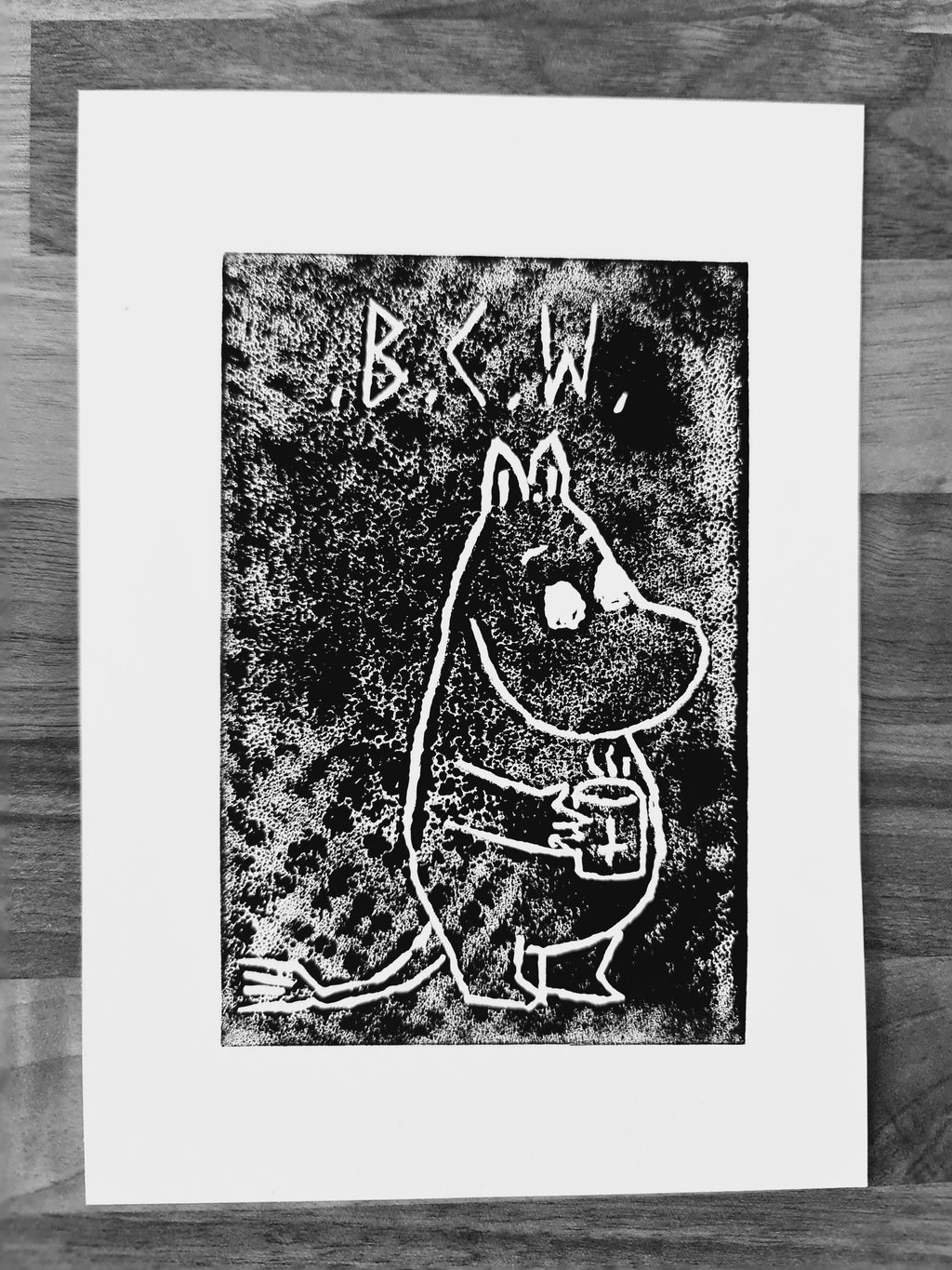 black coffee moomin linocut print 8/13  - 15cm X 15cm Square Card Print + x3 Sticker Pack