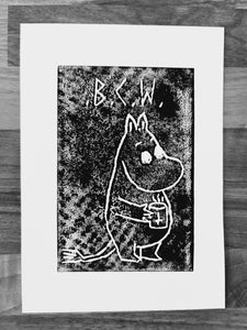 black coffee moomin linocut print 8/13  - 15cm X 15cm Square Card Print + x3 Sticker Pack