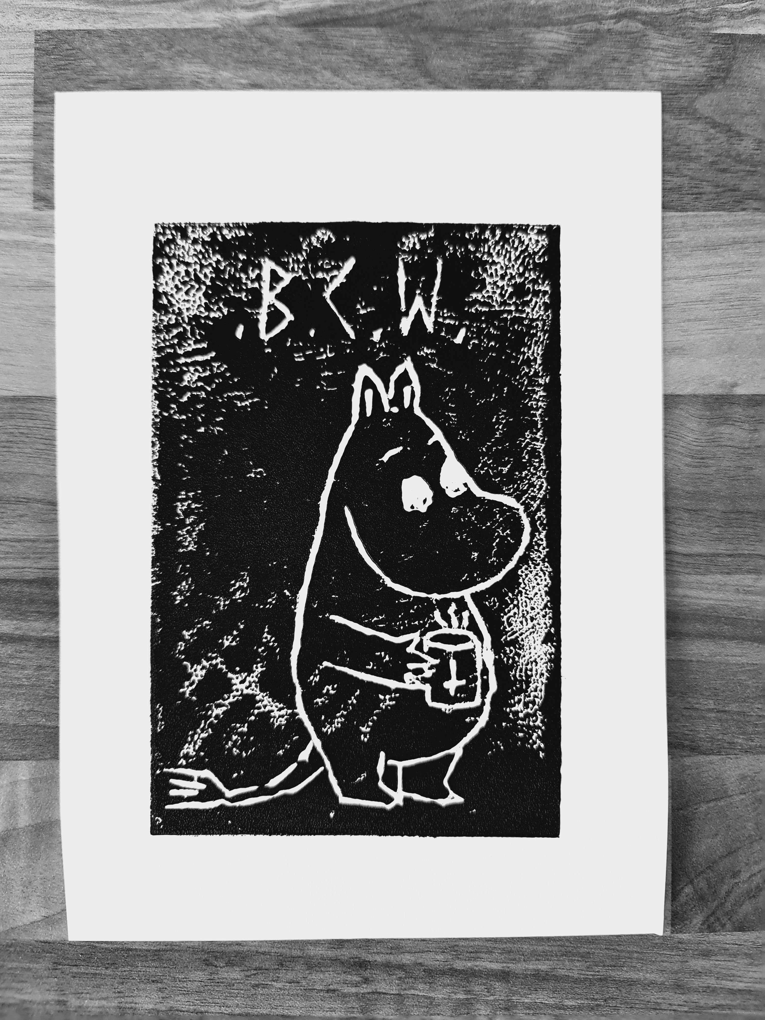 black coffee moomin linocut print 9/13  - 15cm X 15cm Square Card Print + x3 Sticker Pack