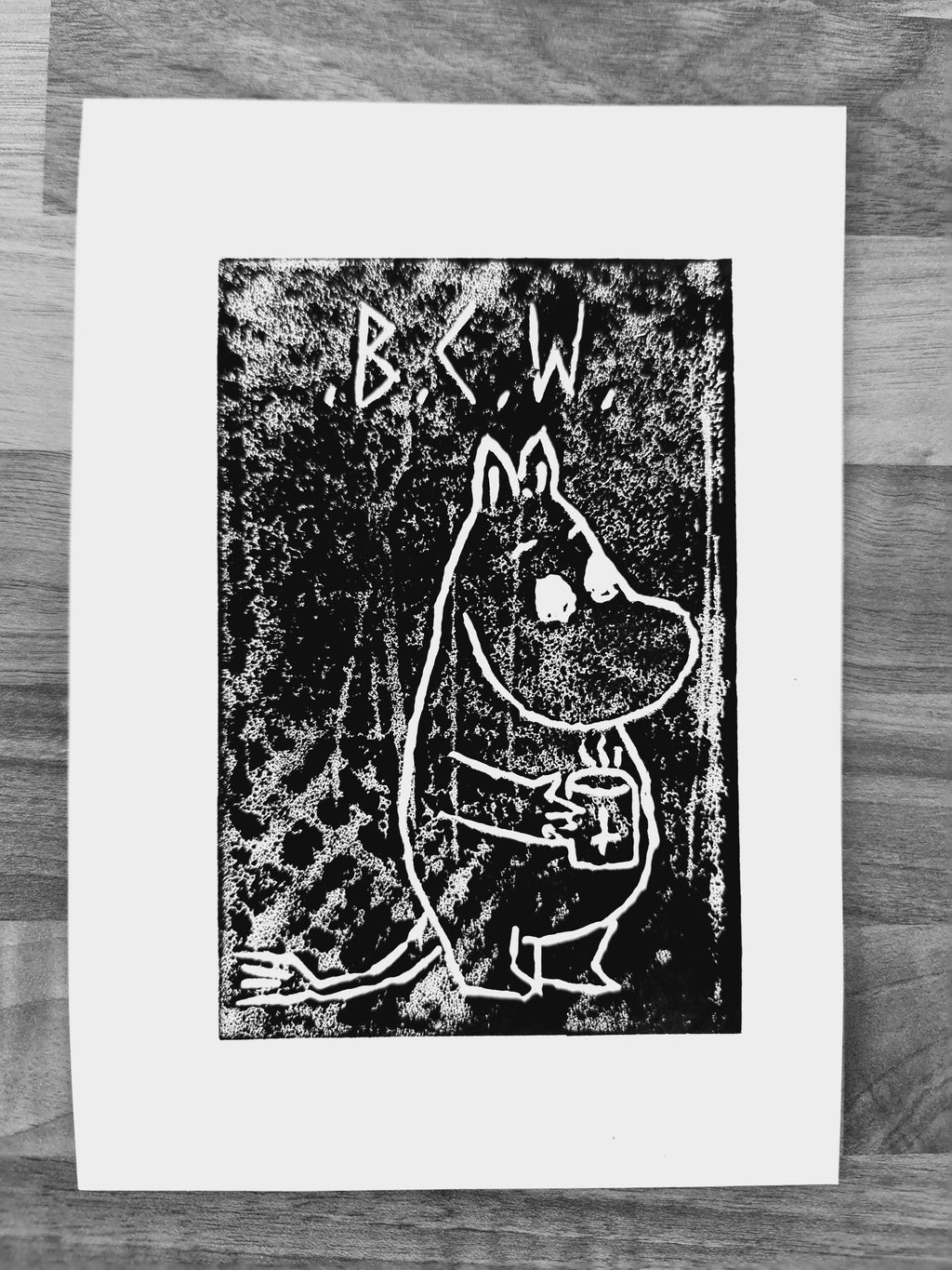 black coffee moomin linocut print 10/13  - 15cm X 15cm Square Card Print + x3 Sticker Pack