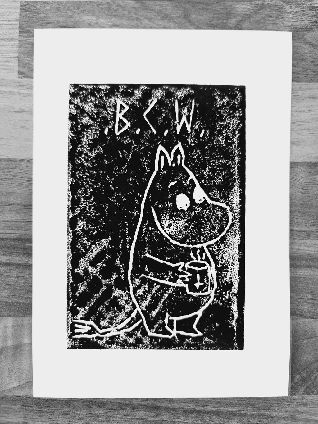 black coffee moomin linocut print 11/13  - 15cm X 15cm Square Card Print + x3 Sticker Pack