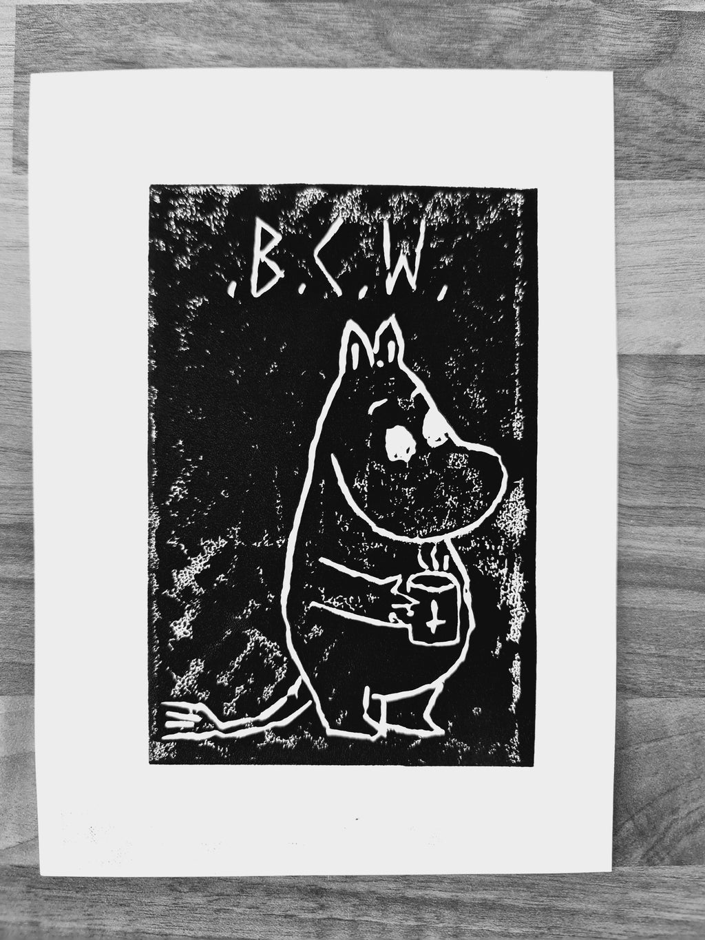 black coffee moomin linocut print 12/13  - 15cm X 15cm Square Card Print + x3 Sticker Pack