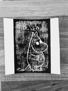 black coffee moomin linocut print 13/13  - 15cm X 15cm Square Card Print + x3 Sticker Pack