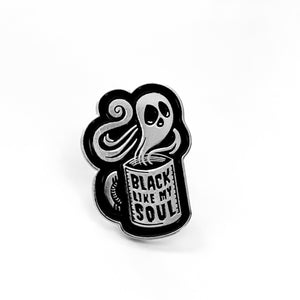 3cm soft enamel black like my soul coffee badge with metal clasp