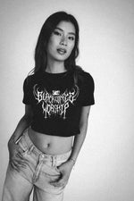 unholy death metal print womens cropped tee in trve kvlt black pre order