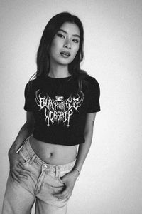 unholy death metal print womens cropped tee in trve kvlt black pre order