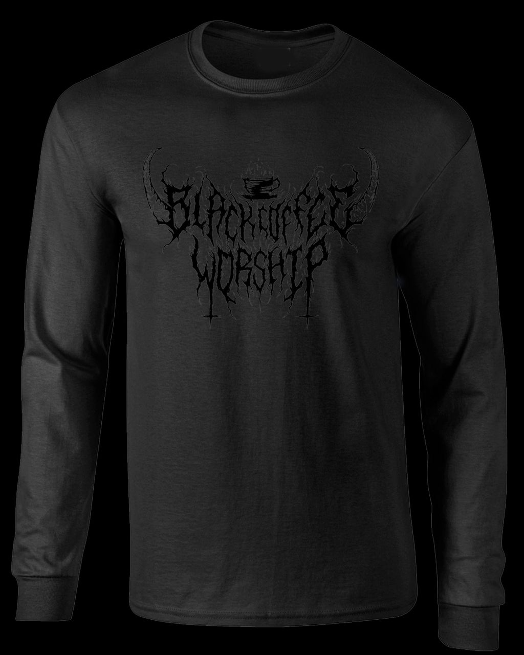 stealth unholy black coffee worship text long sleeve tee (black on black)