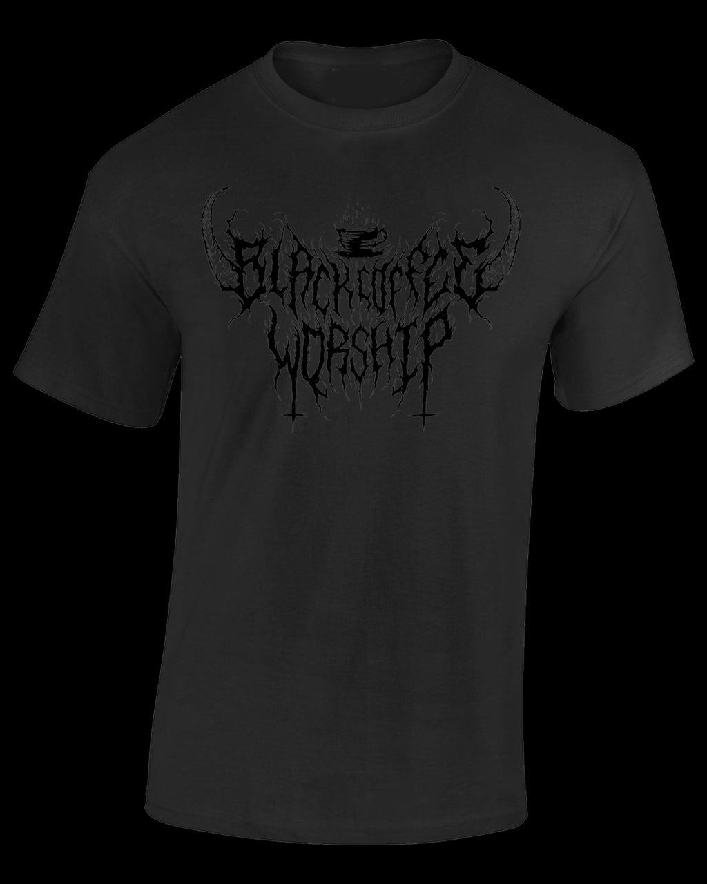 stealth unholy black coffee worship text tee (black on black)