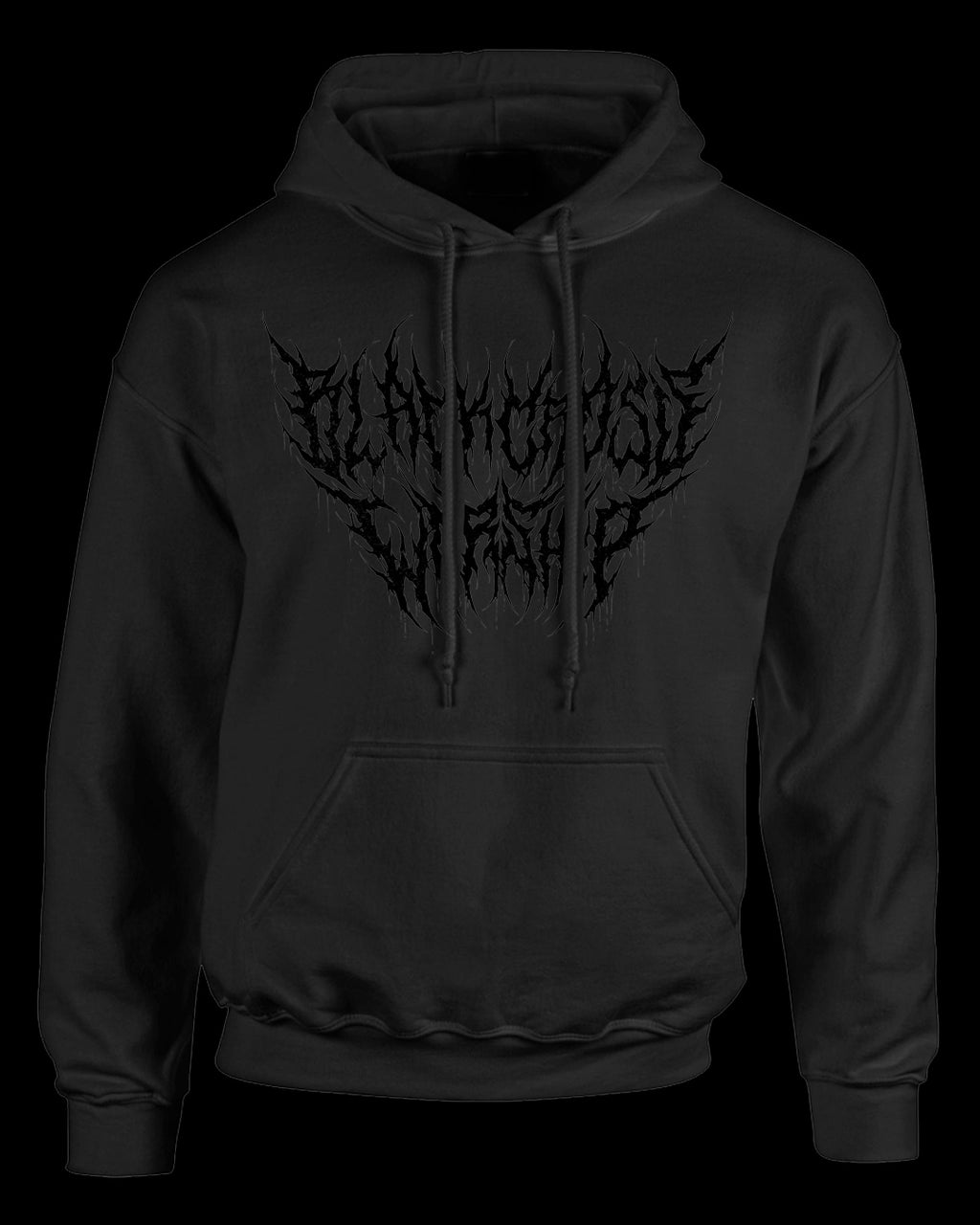 stealth black cross worship brutal text pullover hoodie (black on black)