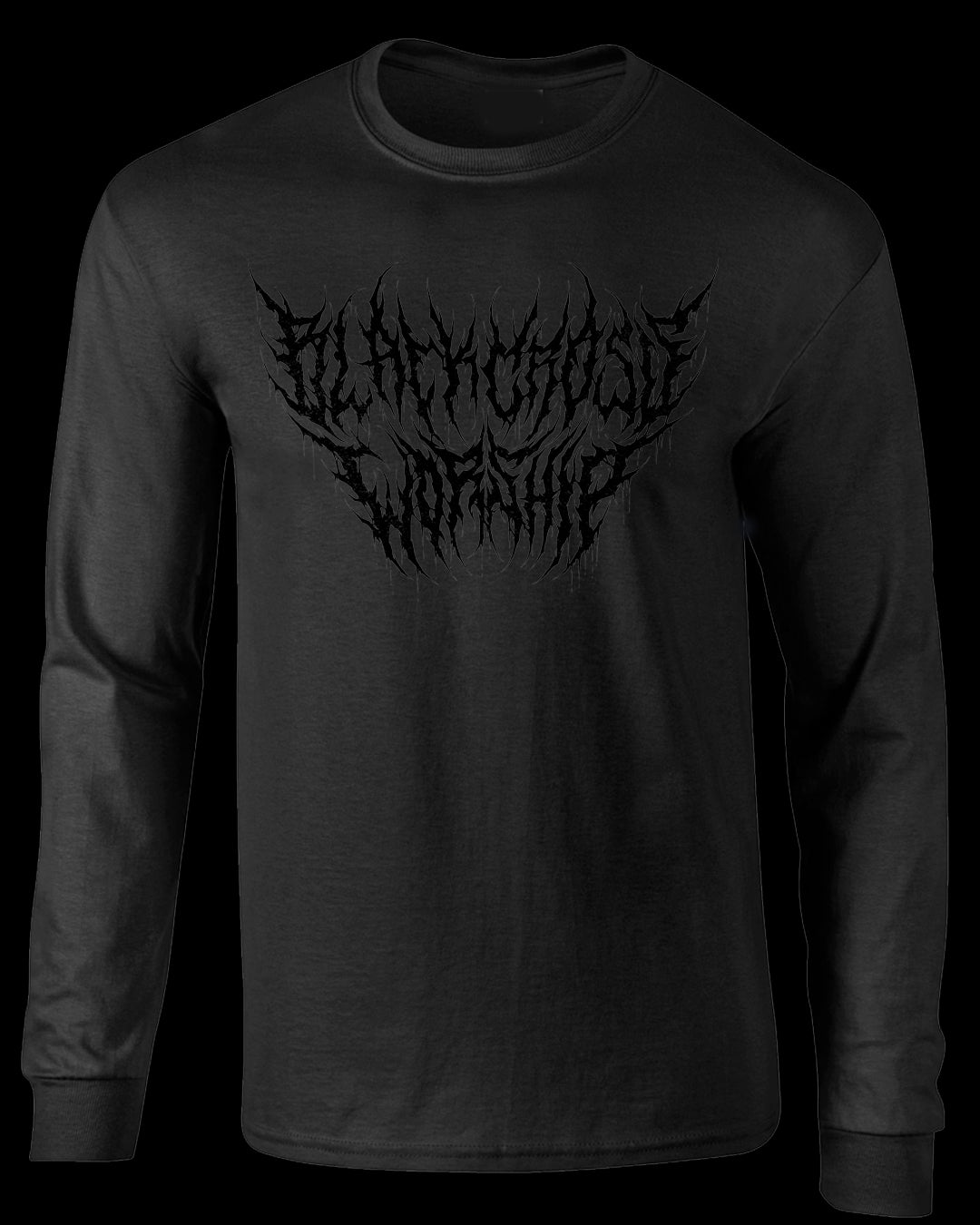 stealth black cross worship brutal text long sleeve tee (black on black)