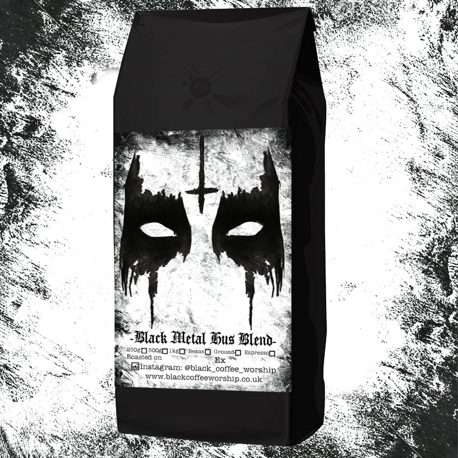 Black coffee bag with black metal design and text on a textured background