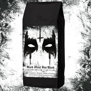 Black coffee bag with black metal design and text on a textured background
