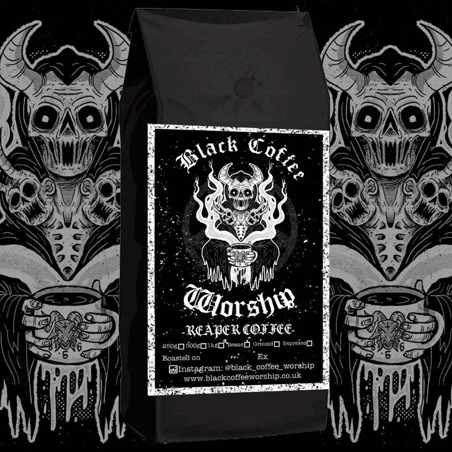 Black Coffee Worship coffee bag with skull and cup design on a black background