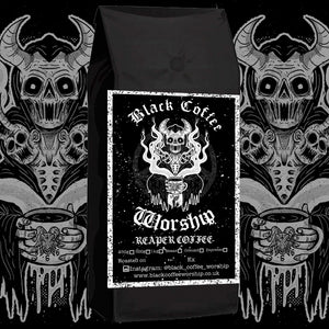 Black Coffee Worship coffee bag with skull and cup design on a black background