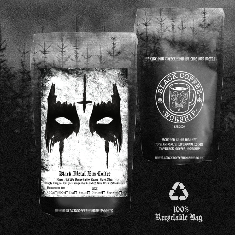 black metal hus coffee (single origin bcw house coffee) in new 100% recyclable eco friendly bcw printed bags