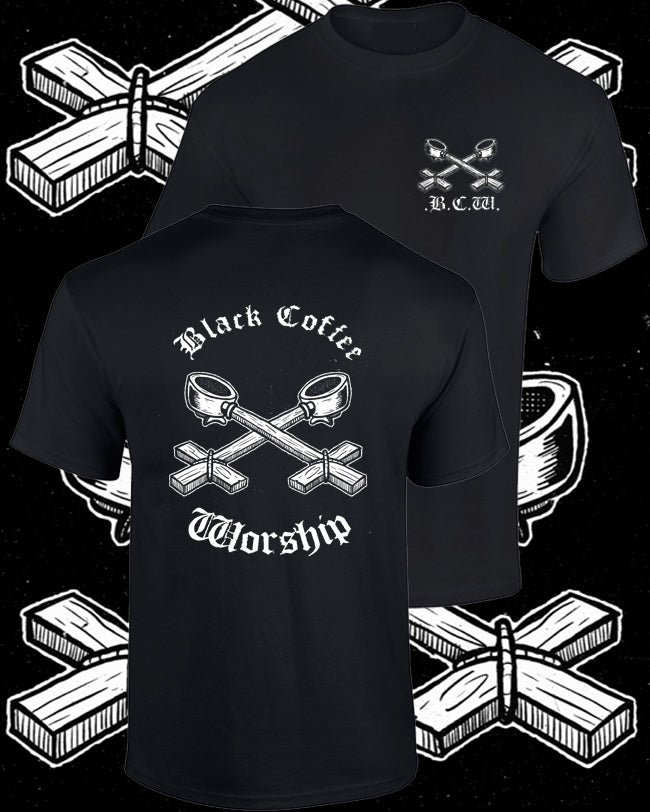 The .b.c.w. espresso cross t-shirt front pocket and back print
