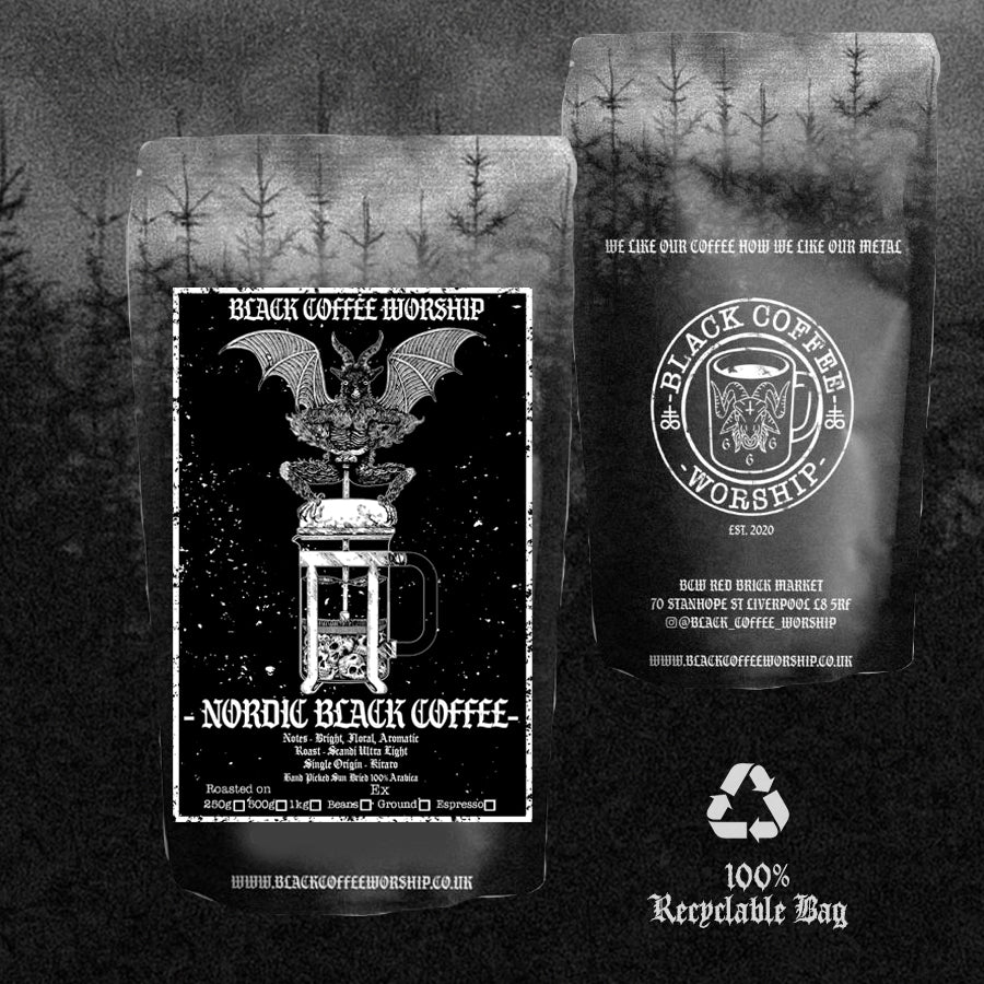 nordic black coffee (single origin) natural - hand picked & sun-dried in new 100% recyclable eco friendly bcw printed bags