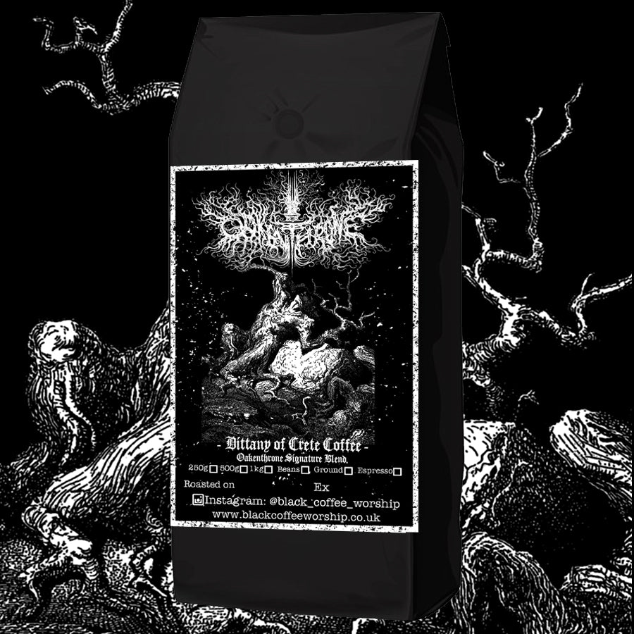 Black coffee bag with a dark, artistic design on a black background