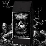Black coffee bag with a dark, artistic design on a black background