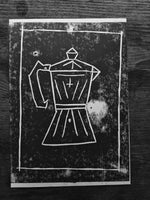 BCW moka pot linocut print  - Card Print + Sticker Pack