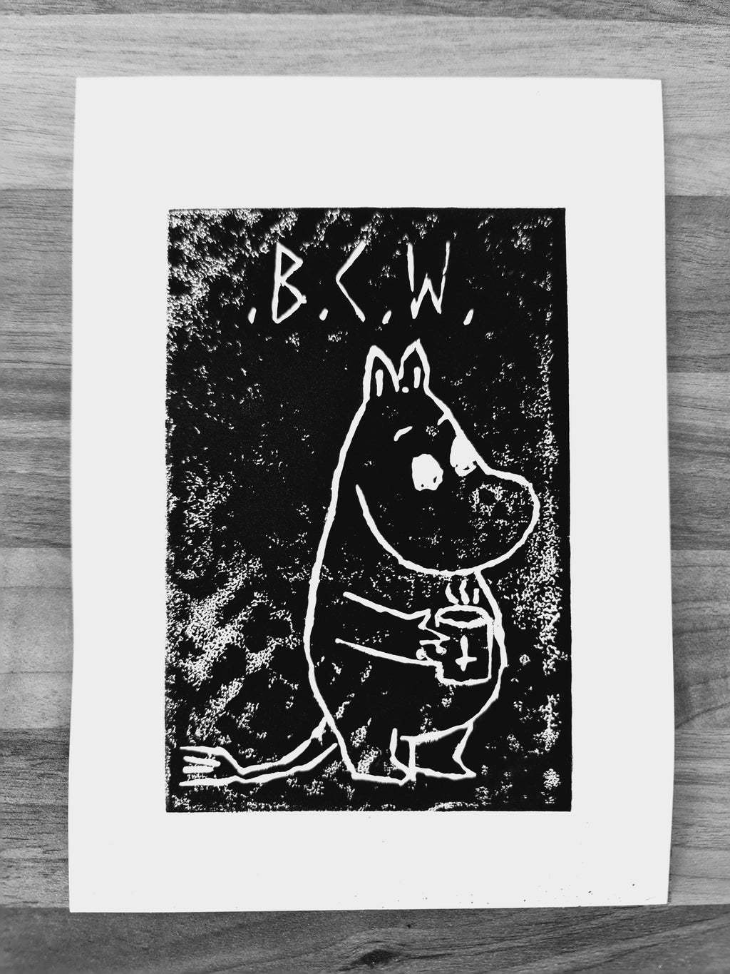 black coffee moomin linocut print 3/13  - 15cm X 15cm Square Card Print + x3 Sticker Pack