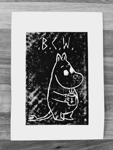black coffee moomin linocut print 3/13  - 15cm X 15cm Square Card Print + x3 Sticker Pack