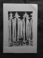 BCW Camp Fire Forest Coffee  linocut print  - Card Print + Sticker Pack