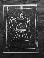 BCW moka pot linocut print  - Card Print + Sticker Pack