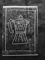 BCW moka pot linocut print  - Card Print + Sticker Pack