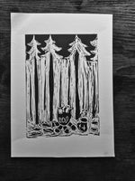 BCW Camp Fire Forest Coffee  linocut print  - Card Print + Sticker Pack