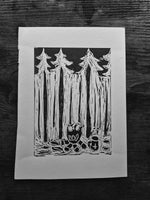 BCW Camp Fire Forest Coffee  linocut print  - Card Print + Sticker Pack