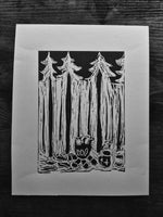 BCW Camp Fire Forest Coffee  linocut print  - Card Print + Sticker Pack