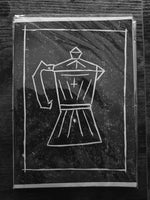 BCW moka pot linocut print  - Card Print + Sticker Pack