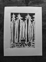 BCW Camp Fire Forest Coffee  linocut print  - Card Print + Sticker Pack