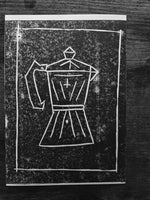 BCW moka pot linocut print  - Card Print + Sticker Pack