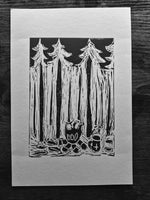 BCW Camp Fire Forest Coffee  linocut print  - Card Print + Sticker Pack