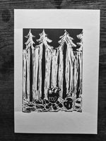 BCW Camp Fire Forest Coffee  linocut print  - Card Print + Sticker Pack