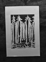 BCW Camp Fire Forest Coffee  linocut print  - Card Print + Sticker Pack