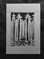 BCW Camp Fire Forest Coffee  linocut print  - Card Print + Sticker Pack