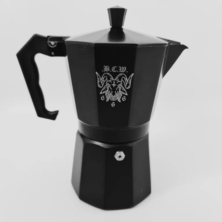 The 6.66 Cup BCW Espresso Stove/ Moka Pot 300ml 10oz with 666 BCW Goat logo lasered both sides
