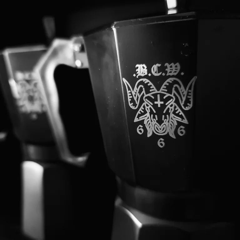 The 6.66 Cup BCW Espresso Stove/ Moka Pot 300ml 10oz with 666 BCW Goat logo lasered both sides