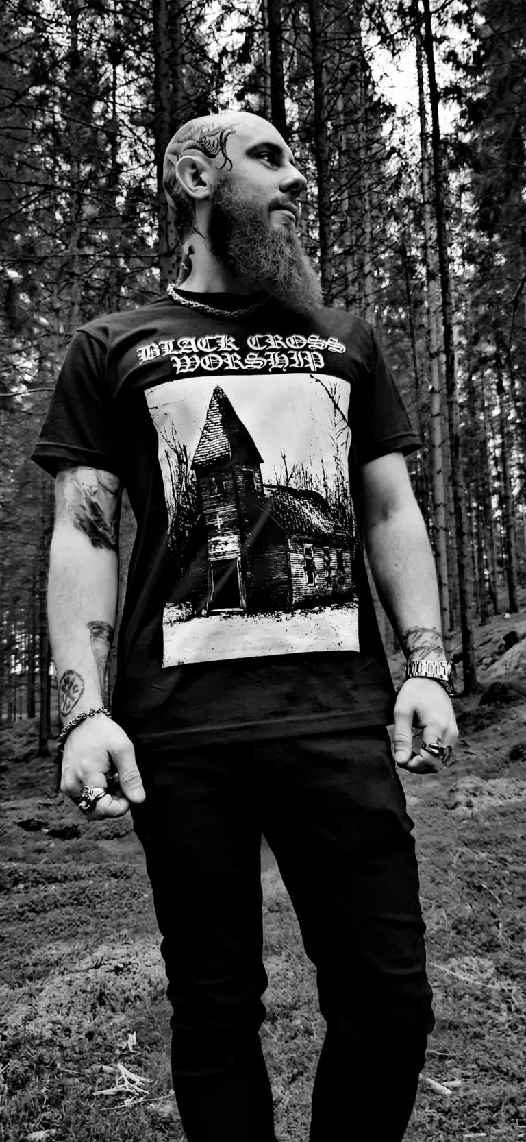 black cross worhsip - forest church t-shirt